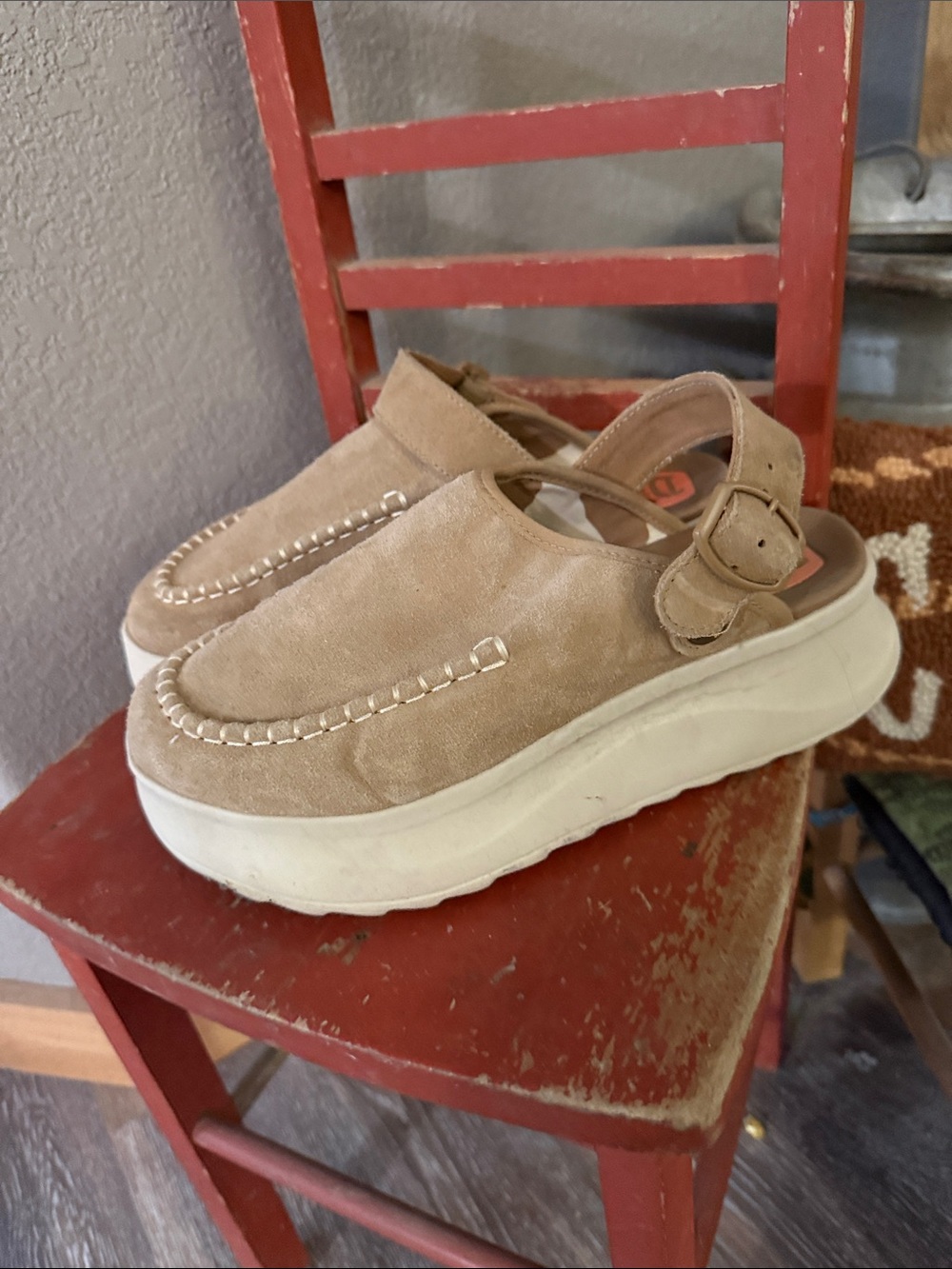 Women's Hey Dude Tan Slip-On Suede Clog with Buckle - Picture 2 of 3